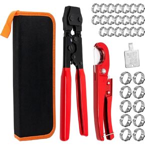 PEX Crimping Tool, Cinch & Remove PEX Clamp Tool for 3/8 to 1-inch Stainless Steel Clamps, PEX Clamps and Pipe Cutter with 20PCS 1/2-inch and 10PCS 3/4-inch PEX Clamps, PEX Fittings All in One Kit