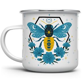 Celestial Bee Enamel Camping Coffee Mug, Floral Moon Stars Honey Bee Gift Cup Friend Coworker Women Men (12oz)
