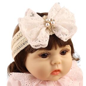 Lace Flower Bow-knot Baby Girls Headband Birthday Infant Wrap Elastic Baby Turban Hairband for Newborn Infant Toddler Kids (Ivory)
