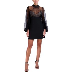 BCBGMAXAZRIA Women's Long Puff Sleeve Mock Neck a Line Mini Evening Dress