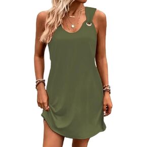 Solid Ring Design Tank Dress for Women 4th of July Patriotic Sleeveless Mini Dress Casual Vacation Beach Tank Dresses