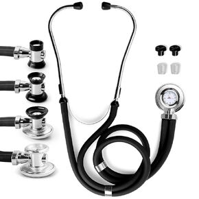 Primacare DS-9298 Black Medical Clock Stethoscope with Analog Watch, 22" Tubing Convertible Regular Sprague Rappaport Stethoscopes, First Aid Emergency Essential Kits with Headset