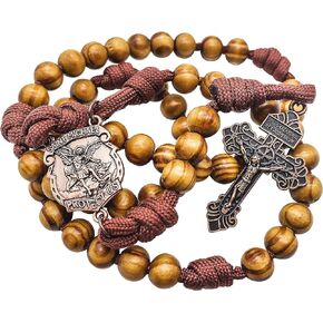 Nazareth Store Wood Beads Paracord Rosary Beaded Necklace St Michael Medal Rugged Cord Catholic Wooden Rosary Red Bronze