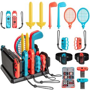 Switch Sports Accessories with Organizer Station, Tendak 16 in 1 Switch Sports Accessories Bundle with Golf Clubs, Tennis Racket, Sword, Boxing Grips, Wrist Bands, Leg Strap & Game Card Case