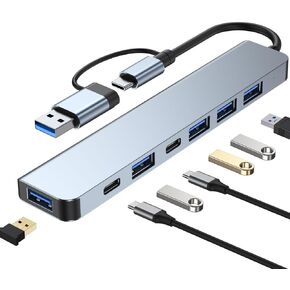 USB C Hub, Aluminium 7 in 1 USB Extender, USB Splitter with 1 x USB 3.0, 4 x USB 2.0 and 2 x USB C Ports for MacBook Pro Air and Other PC/Laptop/Tablet Devices