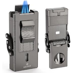 Cigar Lighter with Triple Jet Flame, Windproof Refillable Butane Lighter with Cigar V Cutter, Cigar Punch, Cigar Holder, Cigar Draw Enhancer 5 in 1, Adjustable Torch Lighters for Smoking