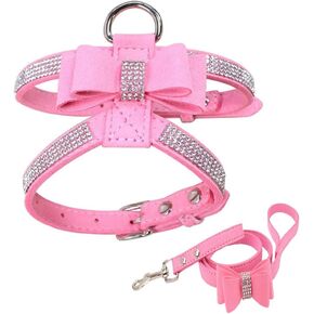 Fashion Puppy Harness+Leash Set Bling Rhinestone Pet Dog Harness Vest with Bowknot Black L