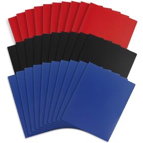 Blue Summit Supplies 30 Poly 2 Pocket Folders, Bold Assorted Dark Colors, Black, Blue, and Red Color Durable Plastic 2 Pocket Folders, Letter Size with Business Card Slot, Bulk 30 Pack