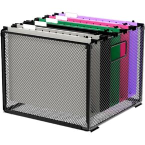 Hanging File Organizer,Letter Size File Folder Holder with 5 Plastic Hanging Folders,Metal Mesh Filing Crate Holder with Handle,Portable Desk File Organizer for Office/Home/School