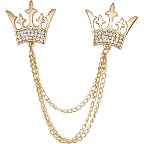 Double Kings Crown with Stone Detailing Chain Lapel Pin Badge Gift Party Shirt Collar,Costume Pin Accessories for Men Brooch