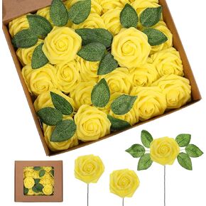 Syhood Artificial Foam Rose Flowers Vintage Fake Roses DIY Bouquets with Leaves and Stems for Wedding Bridal Shower Party Centerpieces Home Romantic Decor(Champagne,50 Pieces)