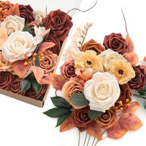 Ling's Moment Fake Flowers Box, Artificial Faux Greenery Stems Silk Roses Foam Tulips for Wedding Bouquets Centerpieces Table Decorations Backyard Floral Arrangement, Apricot & Peach, Mini Combo