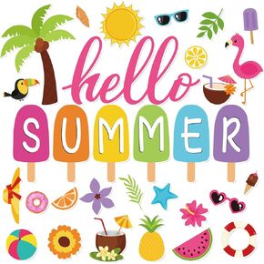 64Pcs Hello Summer Cutouts 32 Designs Tropical Hawaiian Theme Party Paper Cut Outs with 100Pcs Glue Points Summer Bulletin Board Decorations for Classroom