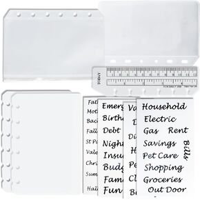 Harphia A5 Binder Pockets Set, Zippered Translucent Cash Bag, Translucent Card Holder Bag, PVC Dividers, PVC Today Bookmark Ruler and 42 Category Stickers 819a5