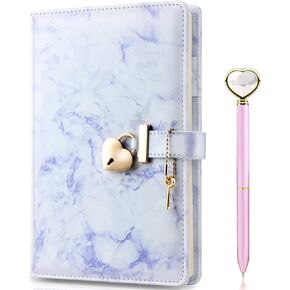 Marble Diary with Lock and Key and Pen for Girls, Cute Heart Shaped Lock Journal for Women, Refillable A5 Vintage Secret PU Leather Notebook Gift for Teen Girls - Blue