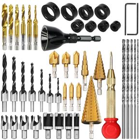 LAMPTOP 39-Pcs Woodworking Tools and Accessories, Including Bolt Deburring Tool, Drill Tap Set, Countersink Drill Bits, Step Drill Bit, Drill Stop Bit Set, Long Twist Drill Bit, L-Wrench, Center Punch