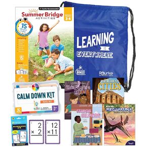 Summer Bridge Activities 3-4 Bundle, Age 8-9, Math, ELA, Science Summer Learning 4th Grade Workbooks All Subjects, Multiplication Math Flash Cards, Calming Corner Kit, Children's Books, Drawstring Bag