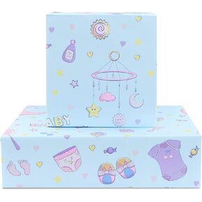 Baby Boy Wrapping Paper Baby Shower, Infant Romper Diaper Sleeping Moon Footprint Toys Cartoon Print Blue Boys Gift Wrap for Kids Toddler Bithday Christmas Party Newborn Gift - 4 Sheets Folded Flat