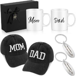 7 Pcs New Mom and Dad Gifts Pregnancy Gifts for New Parents Gender Reveal Gift Include Mom and Dad Hats Baseball Cap, Remember I Love You Mom Dad Keychains, Mom Dad Mugs for Be First Time Parents