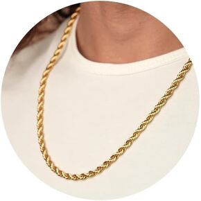Mens 4mm 18K Real Gold Plated Stainless Steel Rope Chain Necklace Jewelry for Men Boys