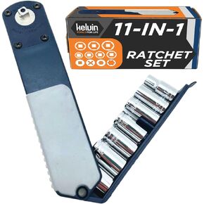 KELVIN Tools PakRatchet: Compact Right-Angled Ratchet Socket and Screwdriver Set - Mini Ratcheting Socket set and Screwdriver, 90 Degree for Tight Spaces, 11 in 1 Impact