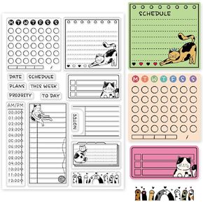 INFUNLY Cat Planner Clear Stamps for Card Making 6.3x4.3 Reusable Date Week Schedule Silicone Stamp Calendar Planner Clear Stamps Timetable Transparent Stamp for DIY Scrapbooking Album Paper Crafts