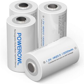 POWEROWL Rechargeable D Batteries 10000mah Low Self Discharge, NiMH, Pre-Charged, 4 Count (Recharge Universal)