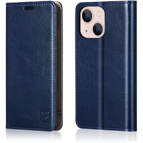 Belemay iPhone 14 Plus Wallet Case - Genuine Leather Flip Cover, RFID Blocking Card Holders, Shockproof TPU Shell, 6.7-inch, Brown