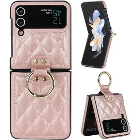 Galaxy Z Flip 4 Case with Ring, Premium Leather Back Cover Anti-Scratch Shockproof Case for Samsung Z Flip 4 5G (Black)