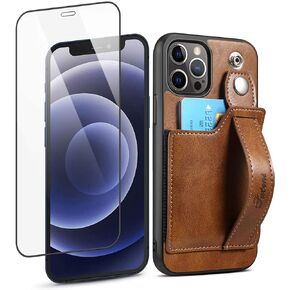 iPhone 12 Case Wallet, iPhone 12 Pro Wallet Case with Card Holder, SINIANL Leather Kickstand Card Slot Case with Screen Protector, Wrist Hand Strap Protective Cover for iPhone 12/12 Pro 6.1 inch Black