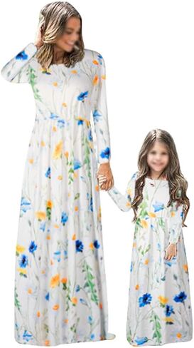 Mumetaz Mommy and Me Maxi Dress Casual Long Sleeve Floral Print Fall Long Maxi Dresses with Pockets in Saudi Arabia