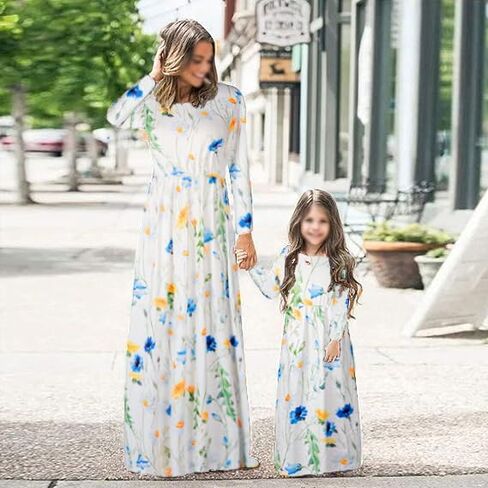 Mumetaz Mommy and Me Maxi Dress Casual Long Sleeve Floral Print Fall Long Maxi Dresses with Pockets in Saudi Arabia