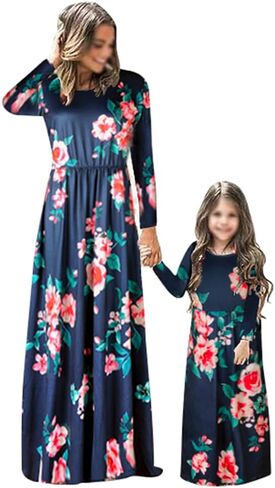 Mumetaz Mommy and Me Maxi Dress Casual Long Sleeve Floral Print Fall Long Maxi Dresses with Pockets in Saudi Arabia