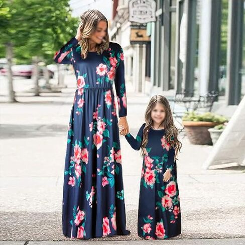 Mumetaz Mommy and Me Maxi Dress Casual Long Sleeve Floral Print Fall Long Maxi Dresses with Pockets in Saudi Arabia