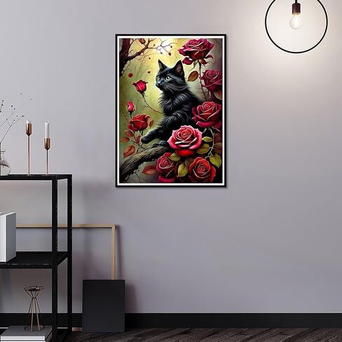 pffngpen الماس الفن مجموعات الرسم للبالغين، diy زهرة الورد الماس الفن مجموعات للمبتدئين 5d جولة الحفر الكامل القط الماس الفن للمنزل جدار ديكور الهدايا الحرفية 12x16 بوصة in Kuwait
