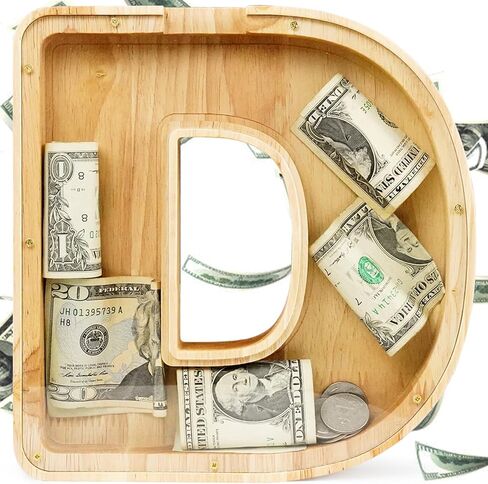 WOOD CITY Letter Piggy Bank للبالغين من الأولاد والبنات والأطفال، صندوق أموال خشبي كبير بحجم 9 بوصات وعملات معدنية شخصية، اسم مخصص DIY هدية إبداعية للنقود الحقيقية، وزخارف الأبجدية (C) in Kuwait