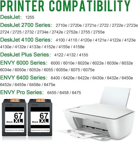 استبدال خراطيش الحبر الأسود 67XL المعاد تصنيعها لجهاز HP 67XL Black Work مع DeskJet 2700 2700e 2752 2752e 2755e 2755 4155 Envy 6000 6055e 6055 6075 Envy Pro 6400 6455 6475 (2 أسود) in Kuwait