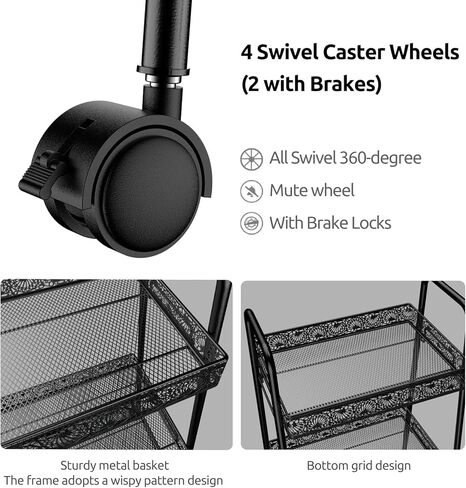 عربة أدوات معدنية متدحرجة من 3 طبقات، عربة تخزين متعددة الوظائف للحمام، المطبخ، غرفة المعيشة، المكتب، منظم تخزين متحرك بعجلات قابلة للقفل، أسود in Kuwait