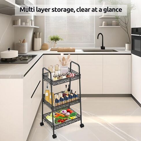 عربة أدوات معدنية متدحرجة من 3 طبقات، عربة تخزين متعددة الوظائف للحمام، المطبخ، غرفة المعيشة، المكتب، منظم تخزين متحرك بعجلات قابلة للقفل، أسود in Kuwait