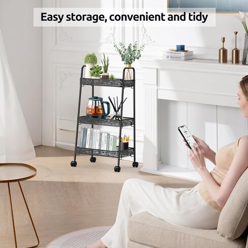 عربة أدوات معدنية متدحرجة من 3 طبقات، عربة تخزين متعددة الوظائف للحمام، المطبخ، غرفة المعيشة، المكتب، منظم تخزين متحرك بعجلات قابلة للقفل، أسود in Kuwait
