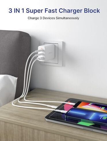 شاحن حائط JSAUX USB-C شحن سريع 32 وات، كتلة شاحن iPhone [3 منافذ 20 وات + 12 وات] شاحن من النوع C مع منفذ USB-C 20 وات ومنافذ USB-A مزدوجة 12 وات لهاتف iPhone 14 Pro Max/13/12/11/XR /XS/8 Plus/7/6S/SE 2022 إلخ in Saudi Arabia