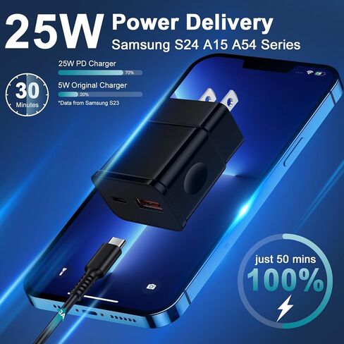 Samsung Android Charger Block Fast Charging Cord for Samsung Galaxy A15 S24 Ultra A55 A35 A54 A14 A13 A32 S23 S22 S21 FE iPhone 15 Pro Max/Pro/Plus/15, 25W 2 Port Type A & USB C Wall Plug 6FT Cable in Saudi Arabia