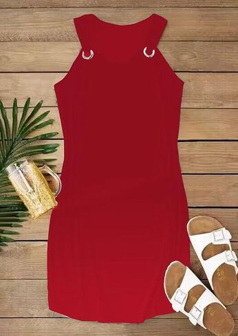 Solid Ring Design Tank Dress for Women 4th of July Patriotic Sleeveless Mini Dress Casual Vacation Beach Tank Dresses in Kuwait