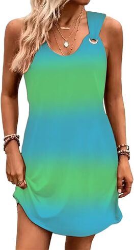 Solid Ring Design Tank Dress for Women 4th of July Patriotic Sleeveless Mini Dress Casual Vacation Beach Tank Dresses in Kuwait