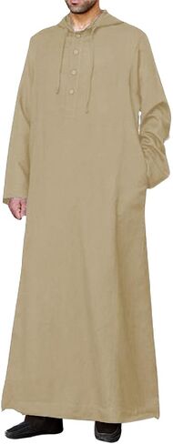 YAOHUOLE Long Sleeve Kaftan Thobe Button down Men Thobe with Pocket Big and Tall Kaftan Muslim Men Thobe in Saudi Arabia