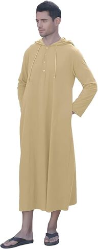 YAOHUOLE Long Sleeve Kaftan Thobe Button down Men Thobe with Pocket Big and Tall Kaftan Muslim Men Thobe in Saudi Arabia
