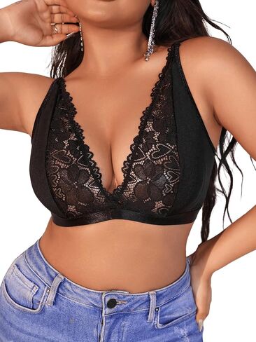 MakeMeChic Women's Plus Size Lace Wireless Bra Deep V Neck Solid Full Coverage Sheer Bralette in Kuwait