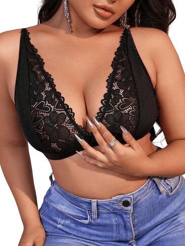 MakeMeChic Women's Plus Size Lace Wireless Bra Deep V Neck Solid Full Coverage Sheer Bralette in Kuwait
