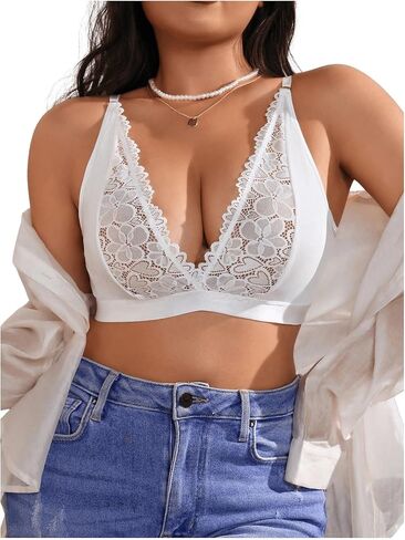 MakeMeChic Women's Plus Size Lace Wireless Bra Deep V Neck Solid Full Coverage Sheer Bralette in Kuwait