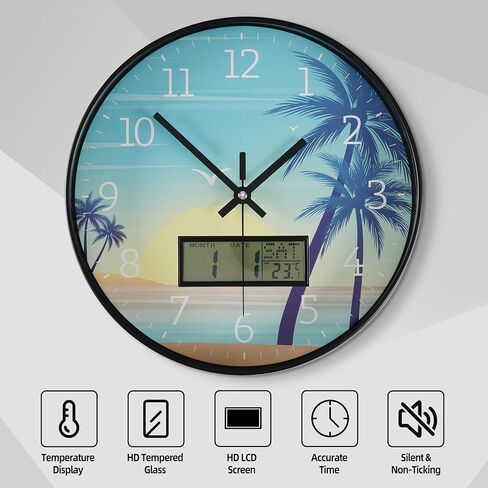 Maxstar Modern Wall Clock with Digital Day Week Temperature Display with Moose Pattern Non-Ticking Battery Operated Calendar and Date for Kitchen Farmhouse Bathroom Office 12inch in Saudi Arabia